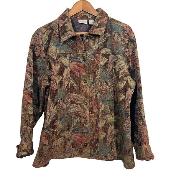 Chico's Needlepoint Button Front Jacket Brown Red Gold Long Sleeve - 2 - Picture 1 of 4